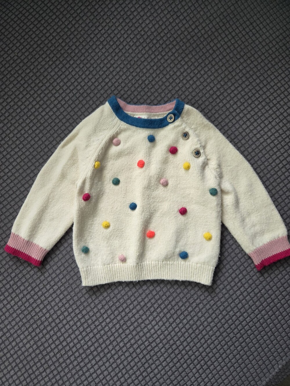 Baby Boden Ivory Pom-Pom Crewneck Wool Blend Sweater with Colorful Trim 3-6M